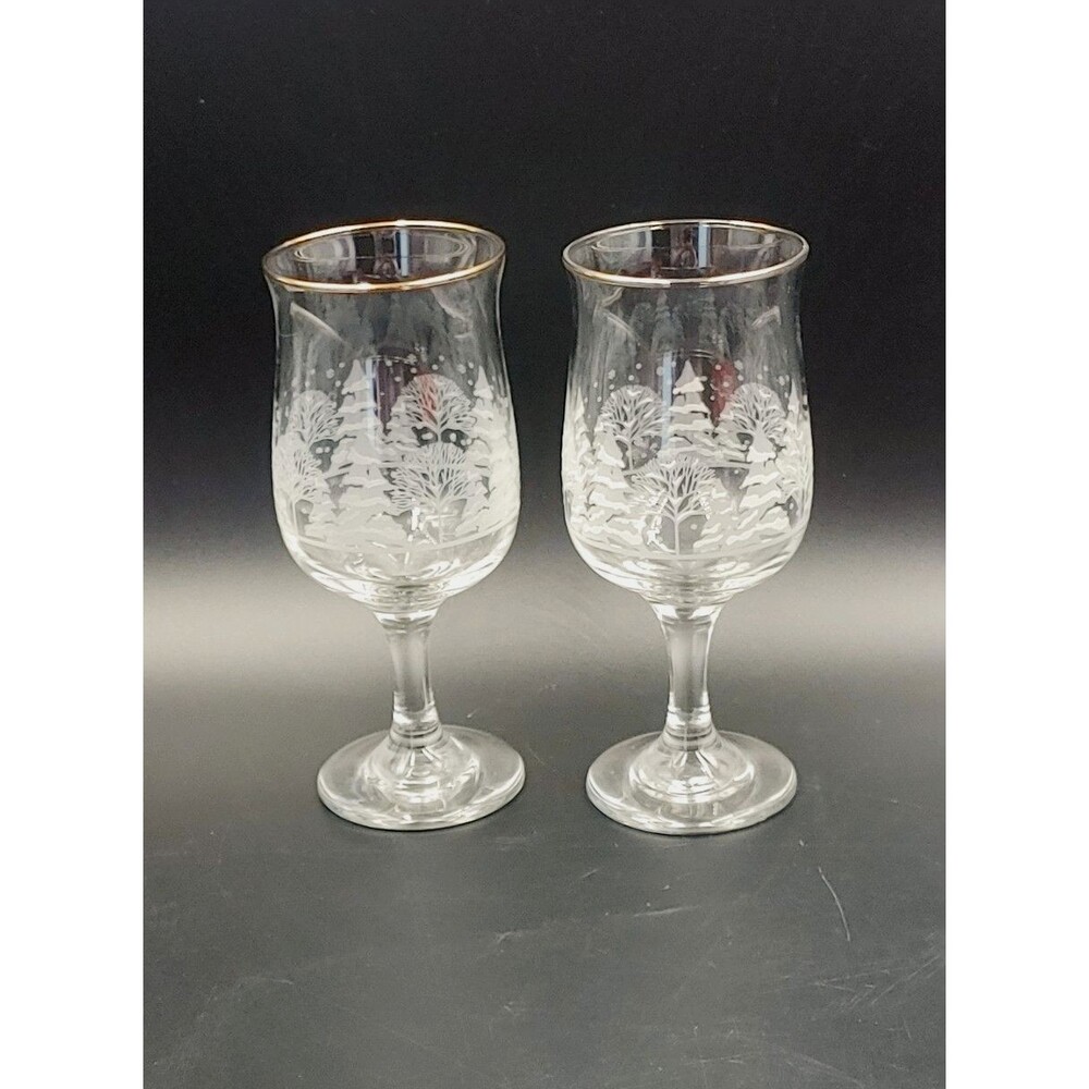2 Vintage Libbey Arby's Water Goblet Winter Wonderland Snow Frosted Pines